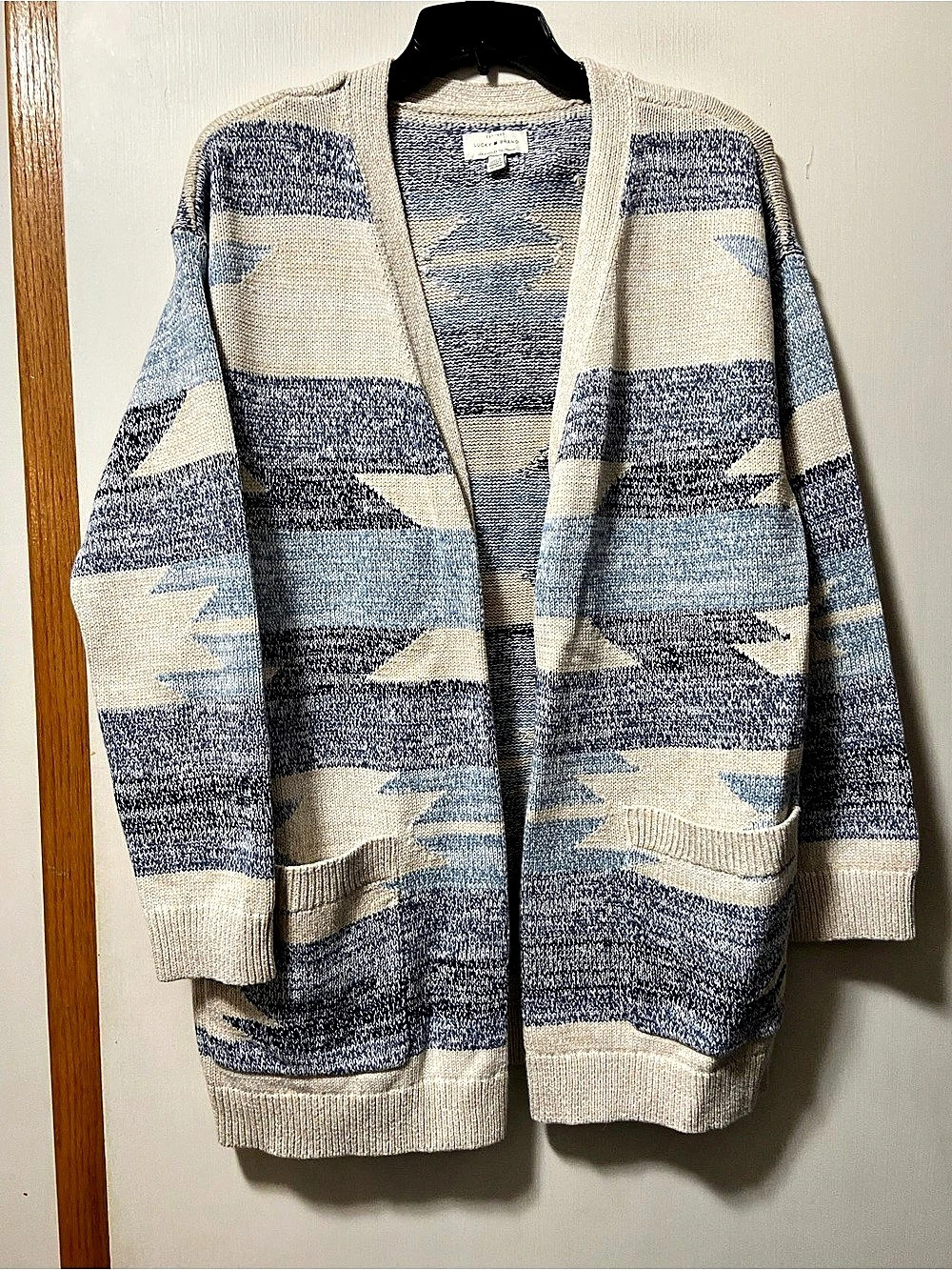Lucky Brand Aztec Cardi Geometric Knit Cardigan in Blue & Cream Size Medium